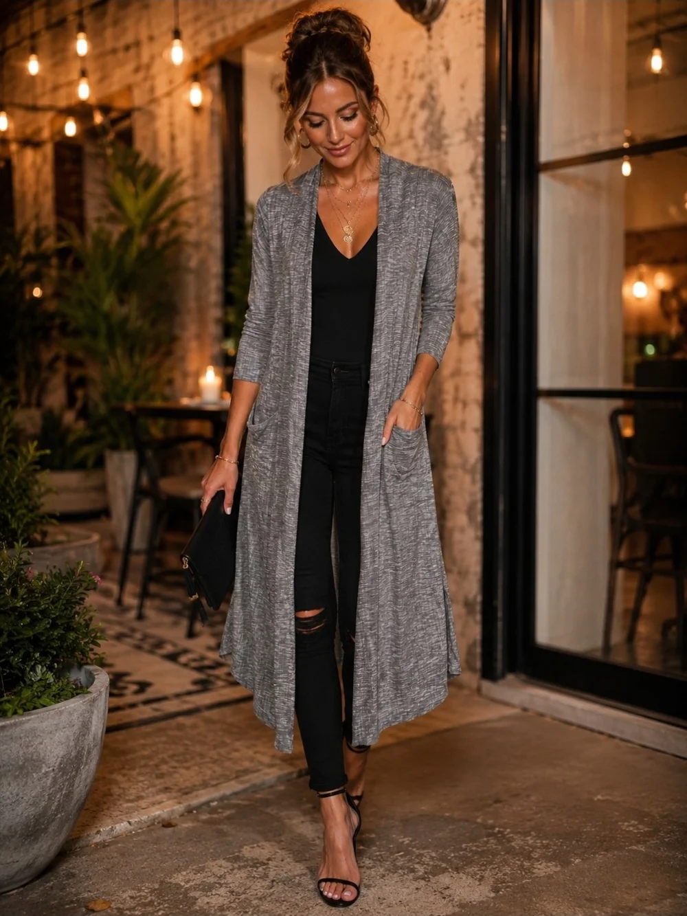 Long Open Front Grey Duster Cardigan Soft And Cozy Ribbed